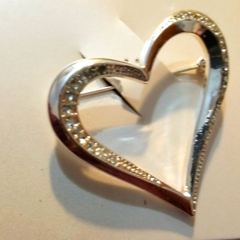 Silver colored heart shape pin with tiny sparkly accents - Picture 2 of 3